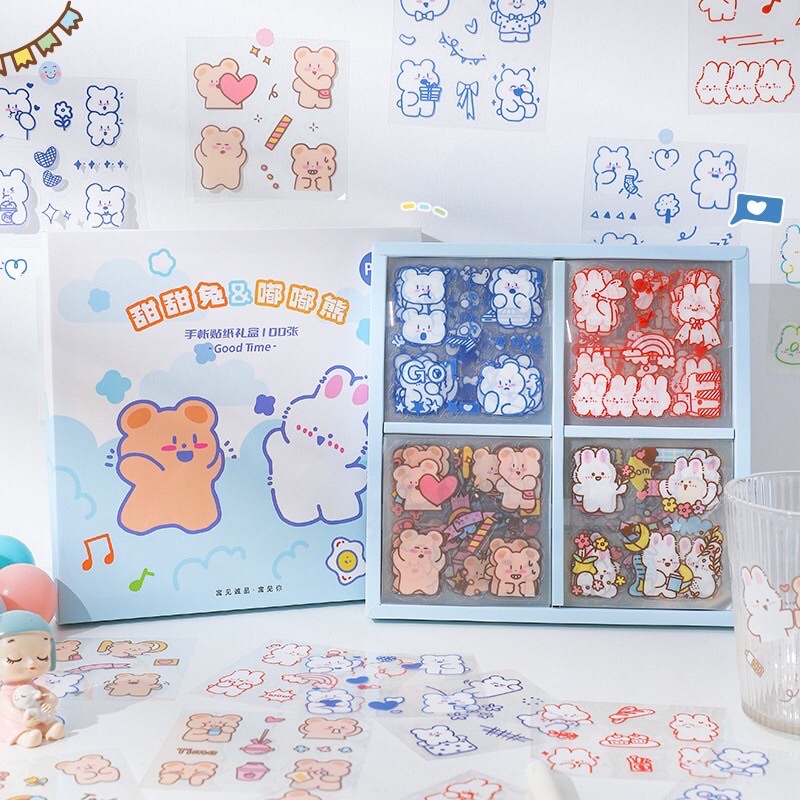 

1 lembar sharing random/acak sticker pet waterproof GOOD TIME bear rabbit decoration hiasan tumbler botol gelas kaca binder notebook bujo jurnal scrapbook