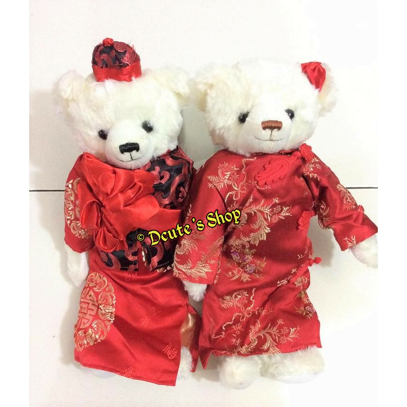 Couple boneka Teddy Bears Wedding Red Cheongsam Import