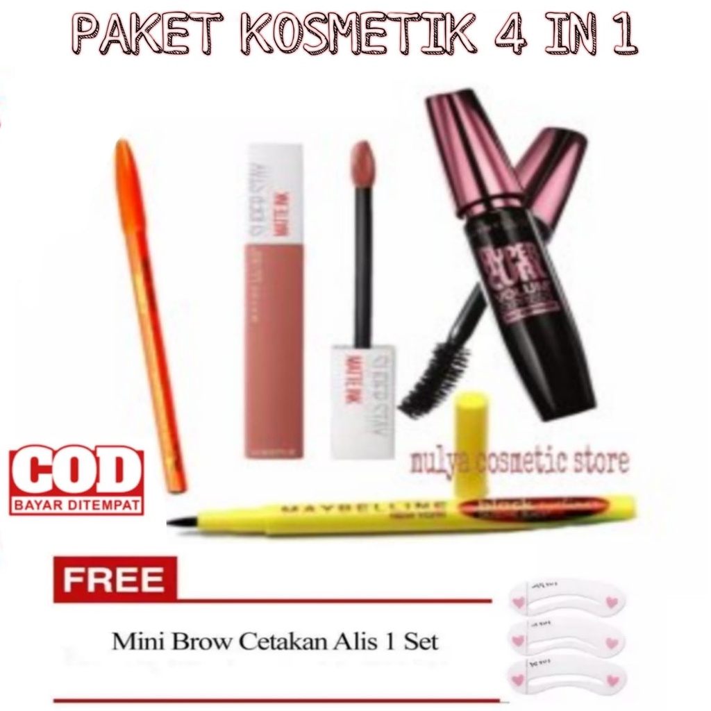 Paket Kosmetik Wanita Lengkap Murah / Paket Hemat / Paket Make Up Maybelline Lengkap 4 in 1 - Mascar