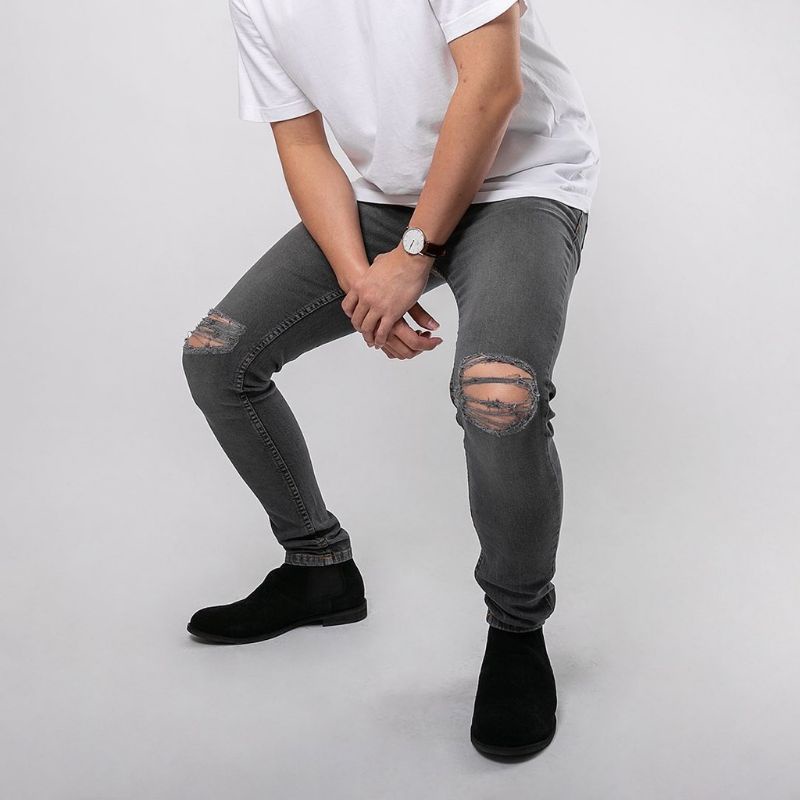 Celana jeans panjang sobek ripped jeans slimfit outfit pria / celana cowok