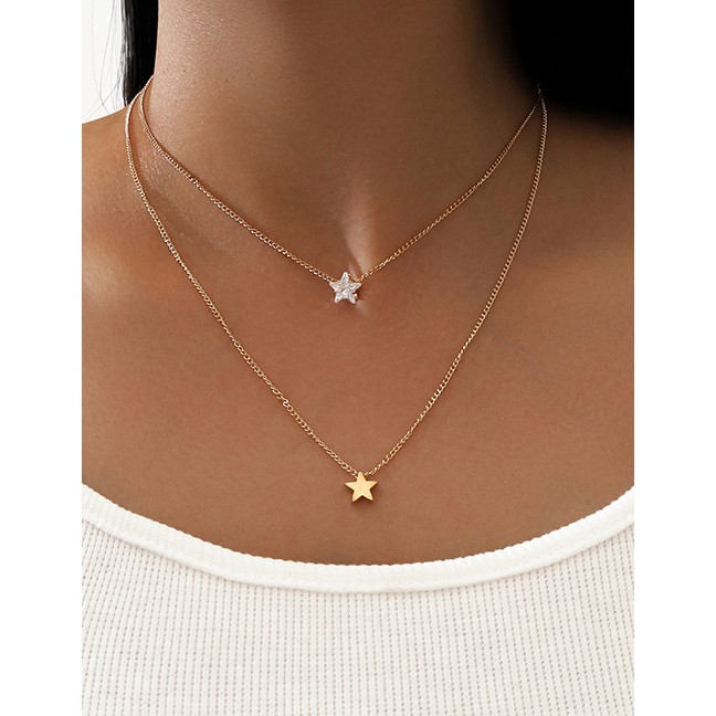 LRC Kalung Fashion Golden Double Five-pointed Star Rhinestone Pendant V04030