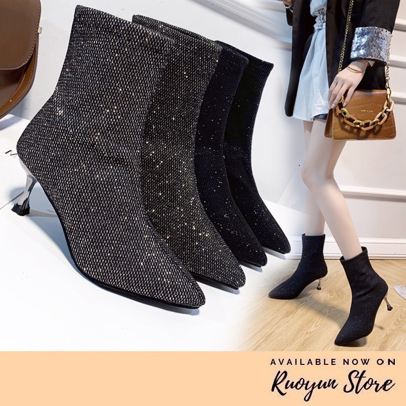 RYS - Glittery Sequined Sepatu Boots Hak Pesta/Liburan - Ori Import