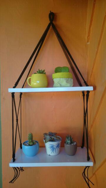 Rak Dinding Gantung Pot Tanaman 2 Susun Putih Tali Hitam Minimalis