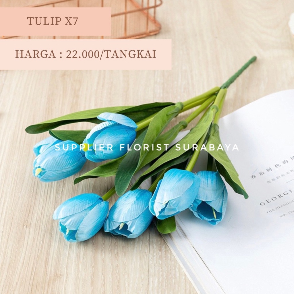 BUNGA TULIP ARTIFICIAL CABANG 7 WARNA BIRU BUNGA PALSU BUNGA IMITASI TULIP PLASTIK