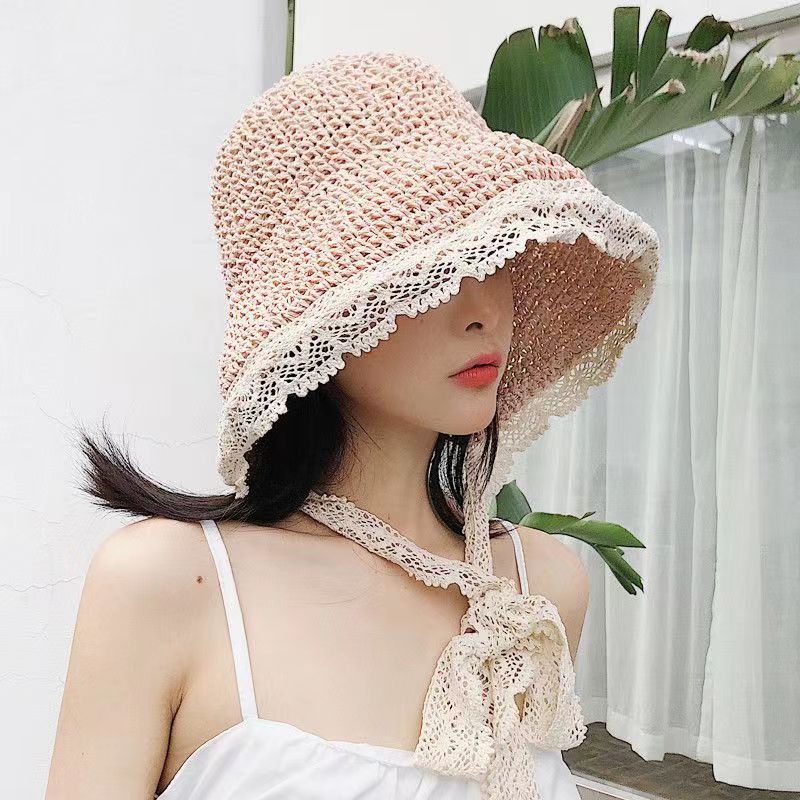 Topi Pantai Model Nelayan Bahan Jerami Aksen Renda Gaya Korea Untuk Wanita