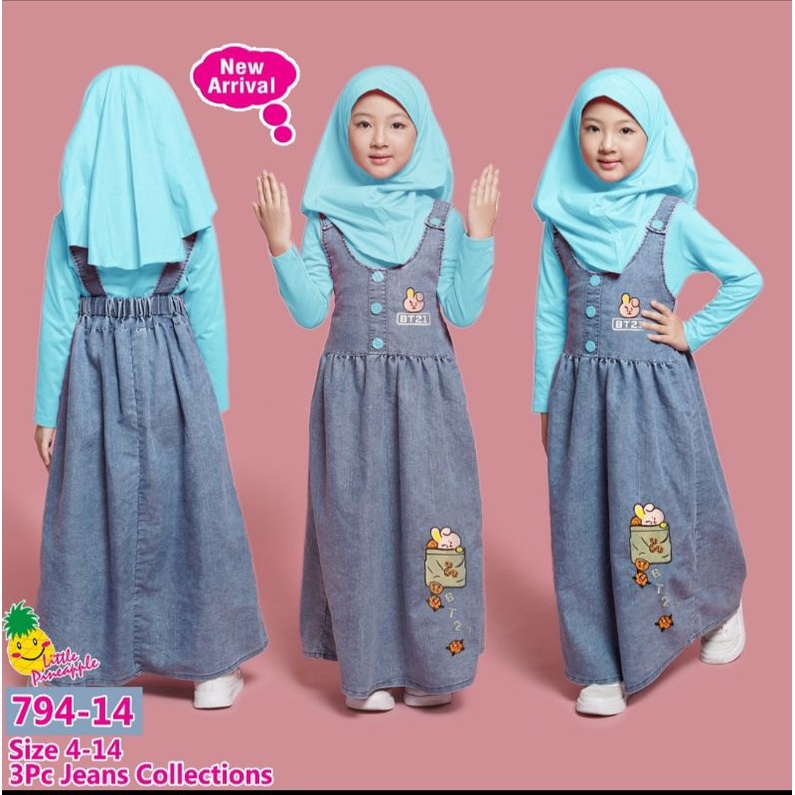 (LP. 794-14) LITTLE PINEAPPLE OVERALL JEANS + INNER BIRU + JILBAB No.4-14