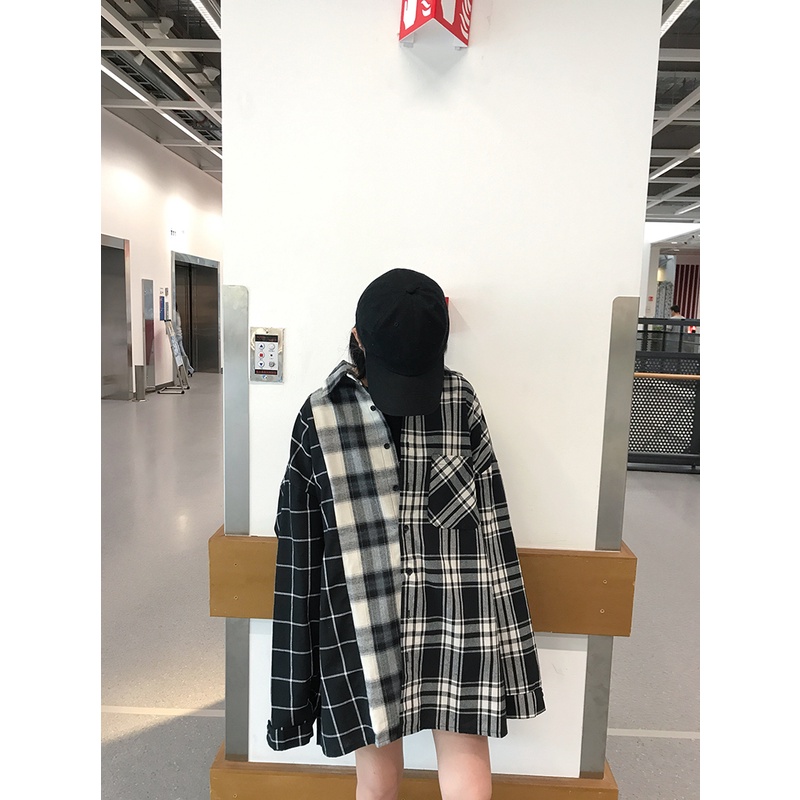 [chaoo.id]Mantel mid-length hitam dan putih colorblock kemeja kotak-kotak Korea