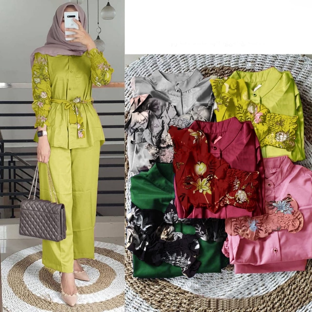 2 UKURAN L XL PAKAIAN WANITA ONE SET OUTFIT CURLA / STELAN CURLA FLOWEN HGO-Flowen Lemon XL