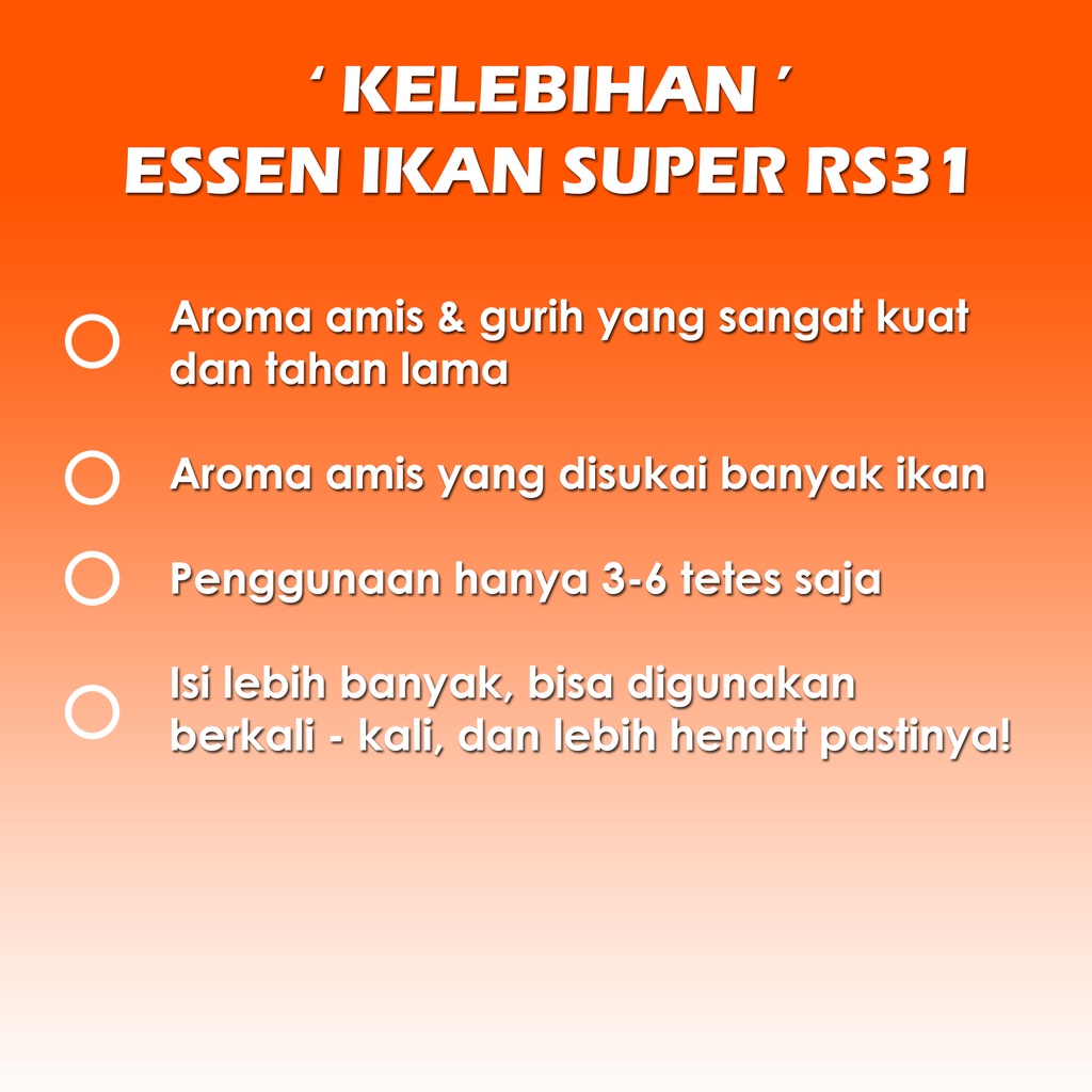 Essen Ikan Super RS31 - Essence Pancing Aroma Gurih &amp; Amis Untuk Indukan / Babon dari Ikan Mas, Lele, Tombro, Nila, Bawal, Belut, Sidat, Belanak, Baramundi, Kakap, Mujair, Gurame, Patin, Gabus, Bandeng di Spot Tambak, Sungai dan Laut, Galapung &amp; Galatama