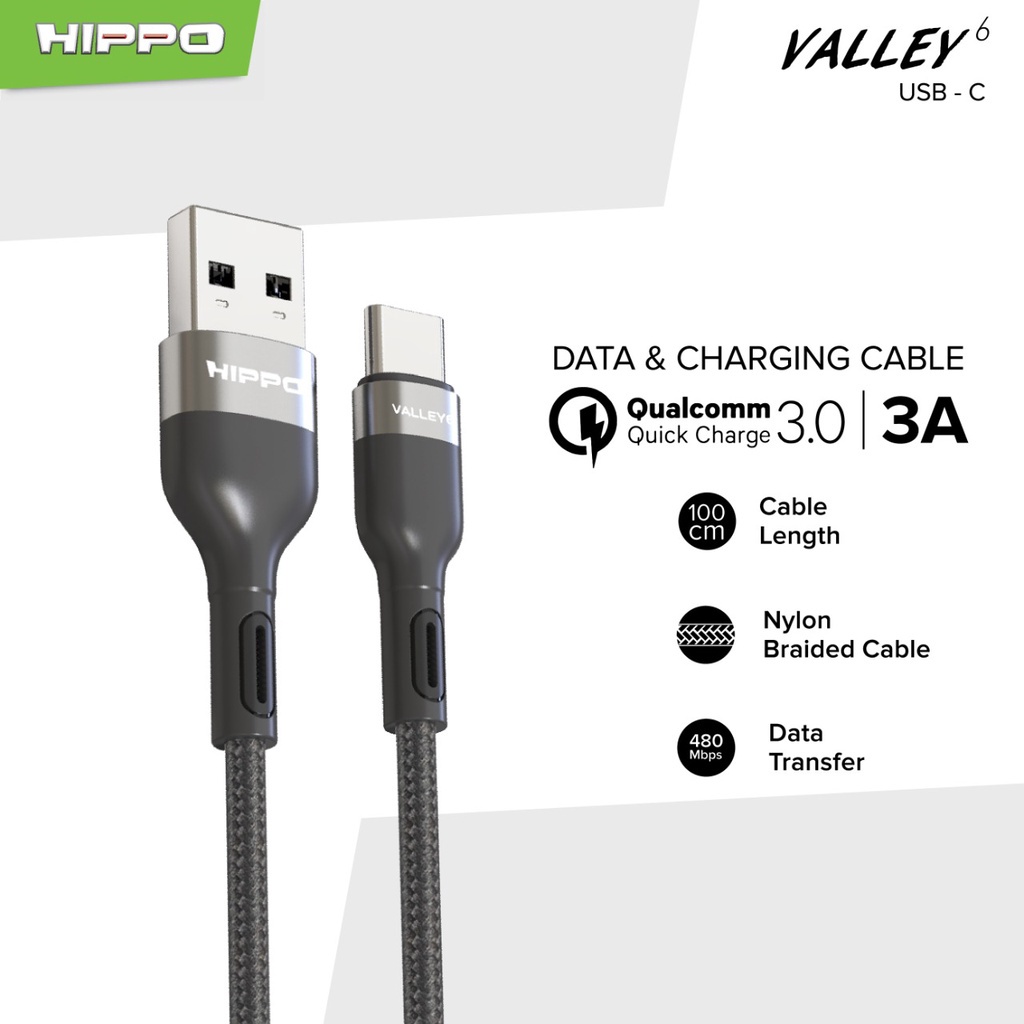 Hippo Kabel Data Valley 6  USB MICRO, TYPE C , LIGHTNING 3A Quick Charge 3.0 dan 2,4 Fast Charging Android Data Cable