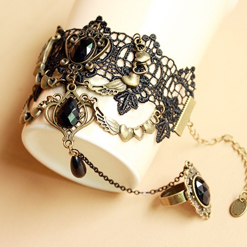 Women Vintage Gothic Bracelet with Ring Chain Stone 8506