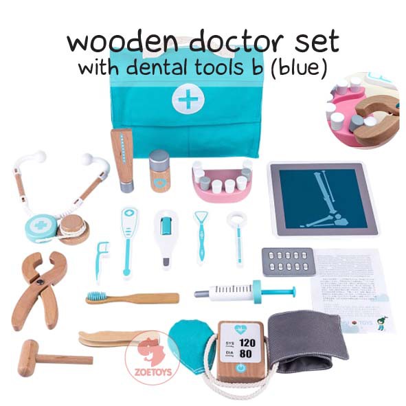 Zoetoys Wooden Doctor Set With Dental Tools A B  | Medical Set Kit Dokter Gigi Dentist Pretend Play Toys | Mainan Red blue Dokter Dokteran umu | Cari Kado Natal