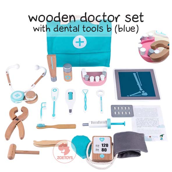 Zoetoys Wooden Doctor Set With Dental Tools A B  | Medical Set Kit Dokter Gigi Dentist Pretend Play Toys | Mainan Red blue Dokter Dokteran umu | Cari Kado Natal