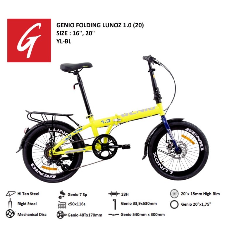 Sepeda Lipat Genio Folding Lunox 1.0 size by United SNI Garansi Resmi COD bisa Kredit 16 dan 20 inch-Yellow Blue