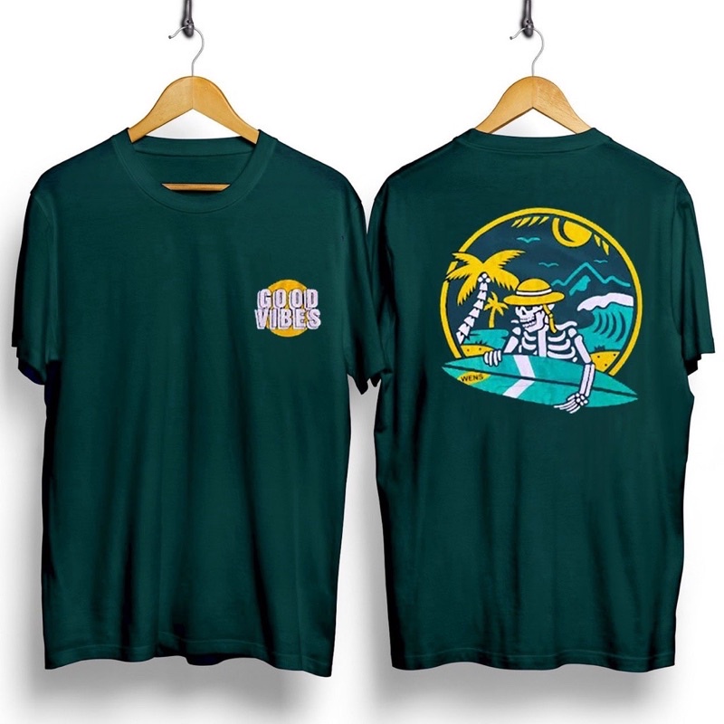 KAOS SURFING BAJU KAOS T SHIRT PRIA WANITA DISTRO SURFING TENGKORAK SKULL PANTAI BEACH HIJAU MURAH