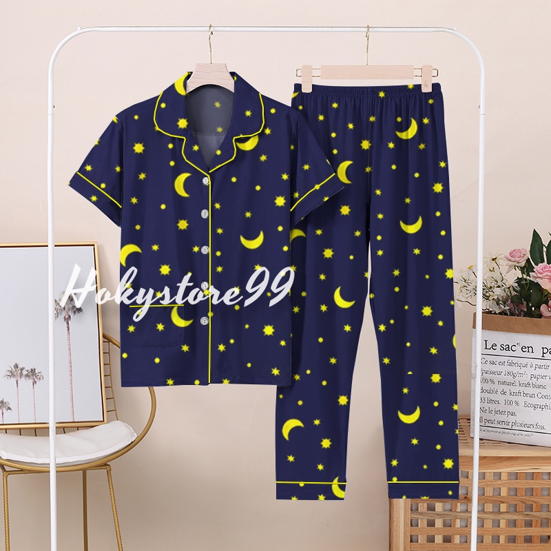 Hokystore99 - Piyama Wanita Dewasa Lengan Pendek Celana Panjang / Baju Tidur Wanita Dewasa (Part.1)-Starmoon Navy