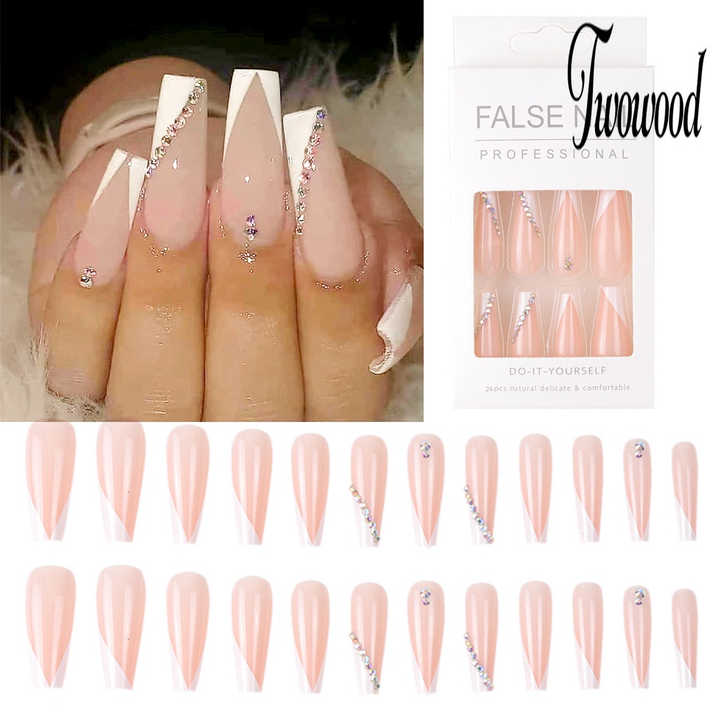 Twowood 1 Set Kuku Palsu Bahan Plastik Aksen Berlian Imitasi Untuk Manicure / Nail Art DIY