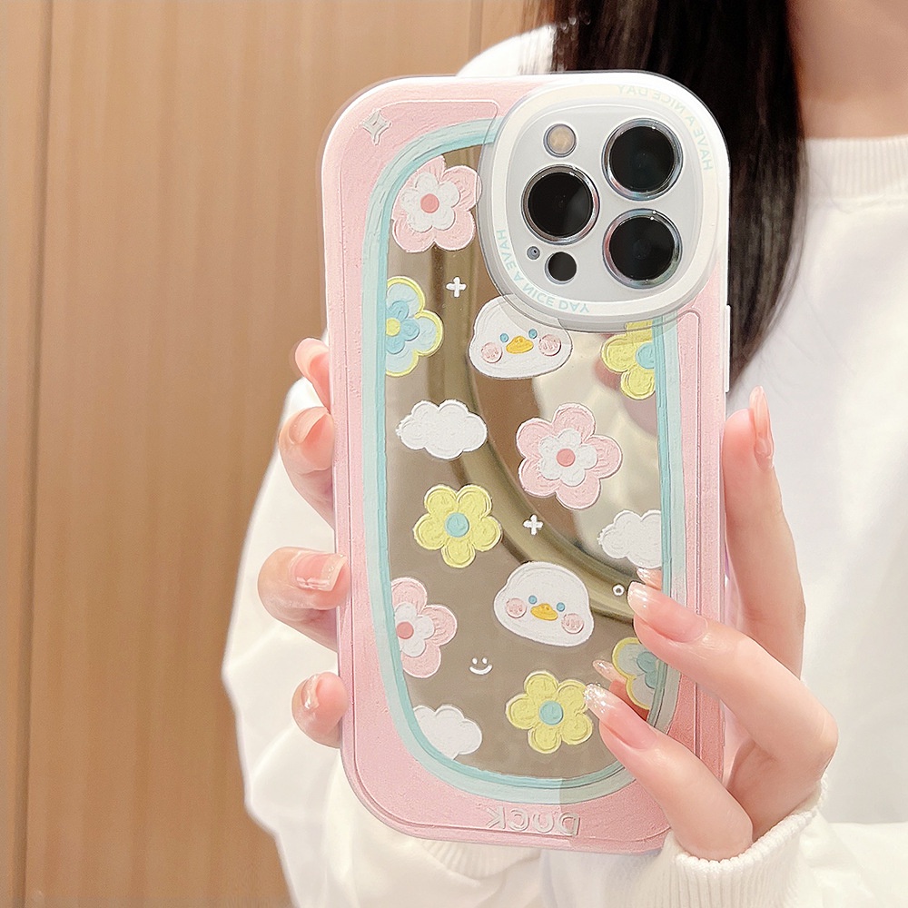 IPHONE Bunga Cermin Make Up Big Eyes Case Dengan Rantai Warna Pink Untuk Iphone11 8 7 Plus SE2 XS XR 12 13 Mini PRO MAX Casing Cover Pelindung AT0209