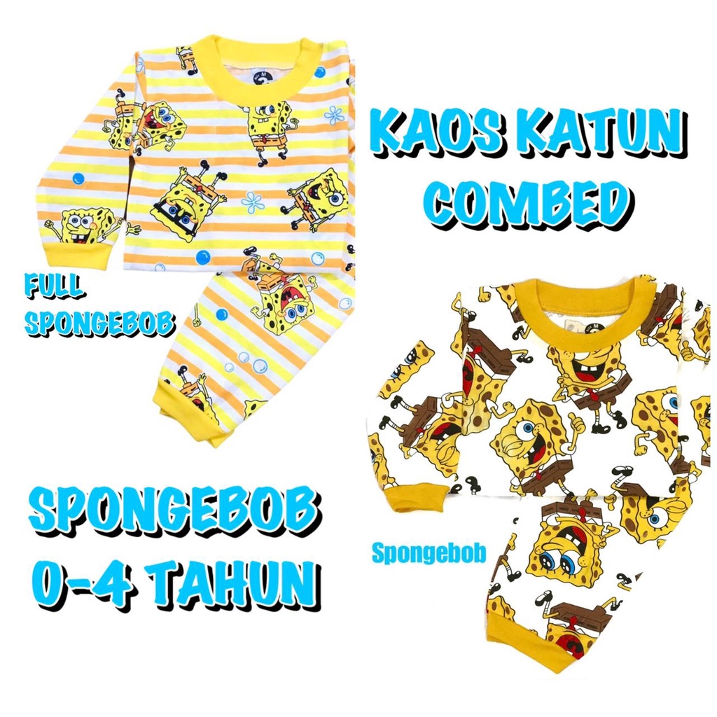 YEYA - BAJU TIDUR ANAK KIDS LAKI-LAKI/COWOK PEREMPUAN/CEWEK SETELAN/STELAN BAHAN KAOS KATUN COMBED 1-4 TAHUN SPONGE BOB