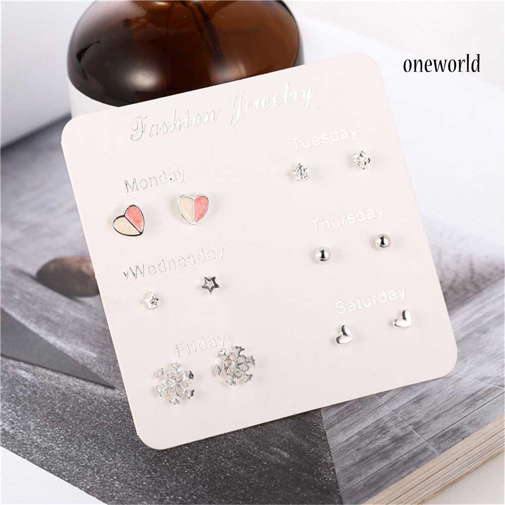 OW@ 6 Pairs Women Snowflake Heart Star Leaf Faux Gem Ear Stud Earrings Jewelry Gift