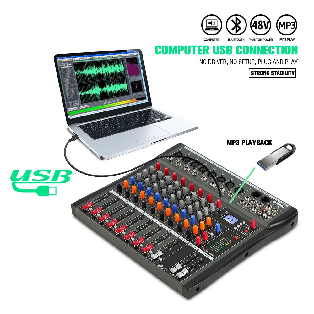 CT80S 8-channel mixer profesional mendukung PC/USB/MP3/Bluetooth playback KTV bar party recording studio band recording dan performance stereo 6-channel mixer Produk baru