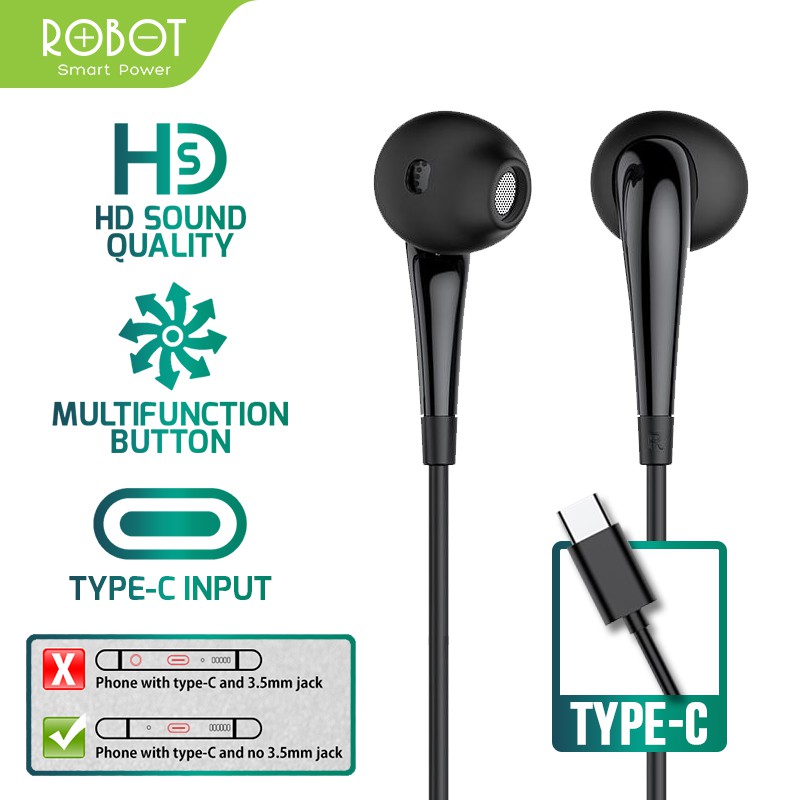 Headset Robot RE701 Wired Headset Wired Earphone Bass Android iPhone Original - Garansi 1 Tahun-RE701C Black