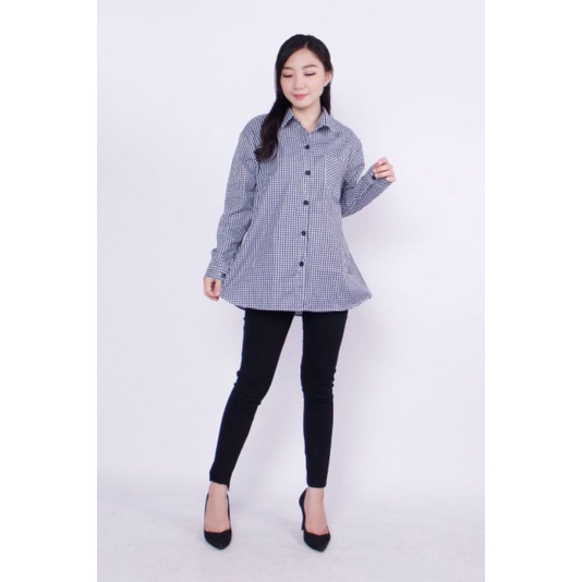 Kemeja Wanita Basic Lengan Panjang Katun Kotak Trendy/ Atas Wanita-2