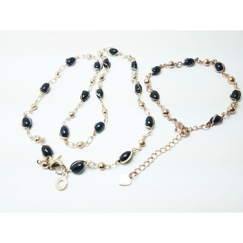 VeE Paket Kalung Gelang Wanita Lapis Emas 18K Batu Giok Hitam
