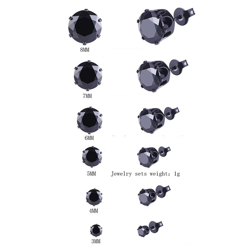 6 Pasang Anting Tusuk Bentuk Bulat Bahan Stainless Steel Warna Hitam Ukuran 3mm - 8mm Untuk Pria