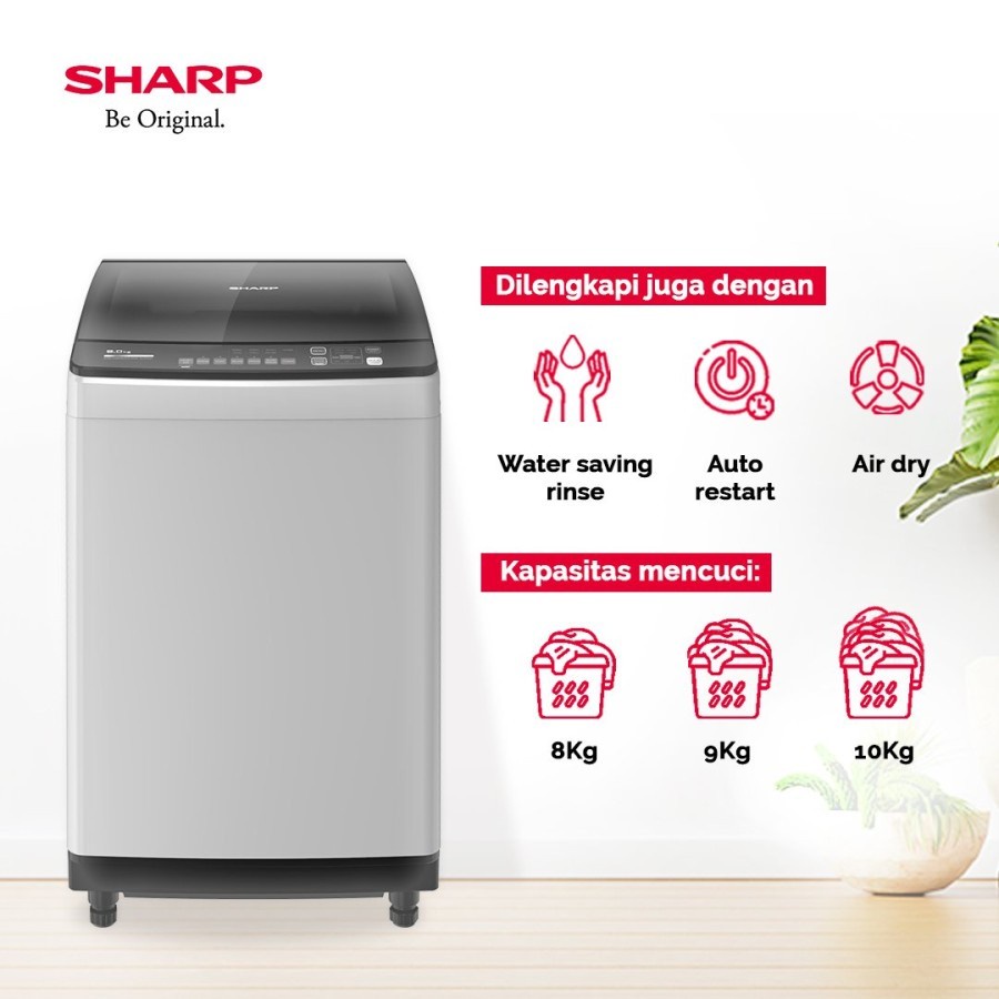 MESIN CUCI SHARP ES-M9000T-GG TOP LOADING 9 KG 1 TABUNG TEKANAN AIR RENDAH ES M 9000 T GG