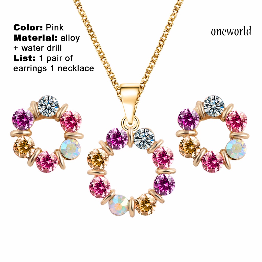 OW@ Necklace Colorful Rhinestone Round Women Pendant Necklace Earrings Set for Party