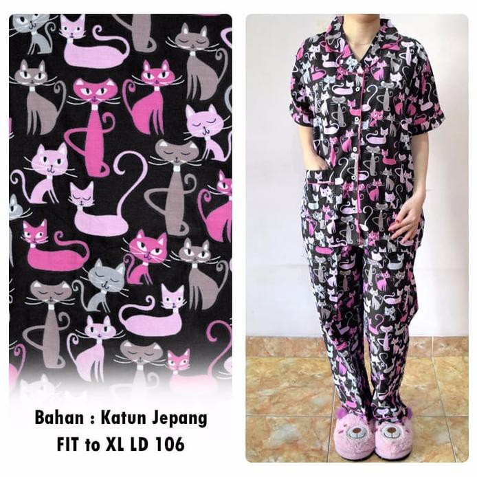 Piyama Dewasa Cp Katun Jepang, Fit To Xl, Motif Kucing Black