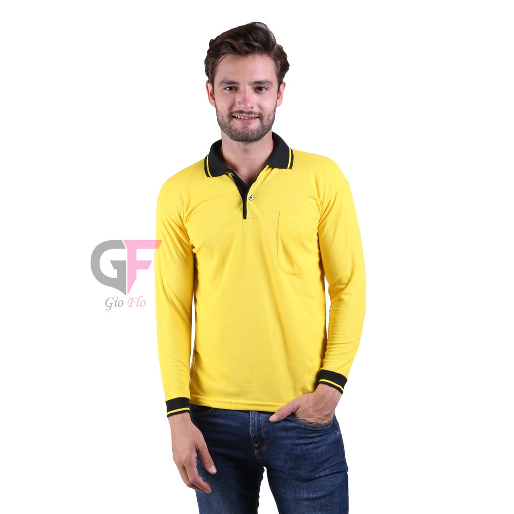 GIOFLO Baju Kerah Polo Shirt Pria Dewasa Kuning Kenari Kerah Hitam / PLS 56