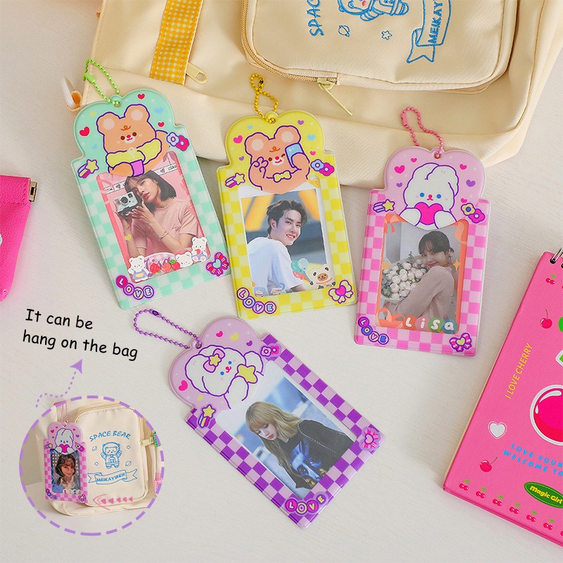 Ins Bear&amp;Rabbit Card Holder Dengan Rantai Lucu Photocard Pelindung Kpop Foto Holder Gantungan Kunci Tas Liontin ID Bank Card Bag