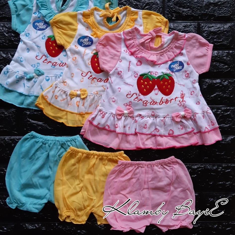 ATA.01Jl22ᴱ– PLANET KIDZ Setelan Dress Rok Bayi 0-6 Bulan Motif Strowberry / Baju Anak Perempuan Mur
