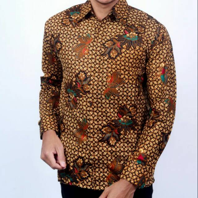 KEMEJA BATIK LENGAN PANJANG MOTIF DAUN BUNGA SOGAN BATIK PEKALONGAN SERAGAM KANTOR SIZE M L XL 08521