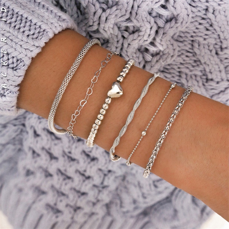 6pcs / Set Gelang Rantai Multilayer Desain Hati Duri Warna Silver Gaya Hip-Hop