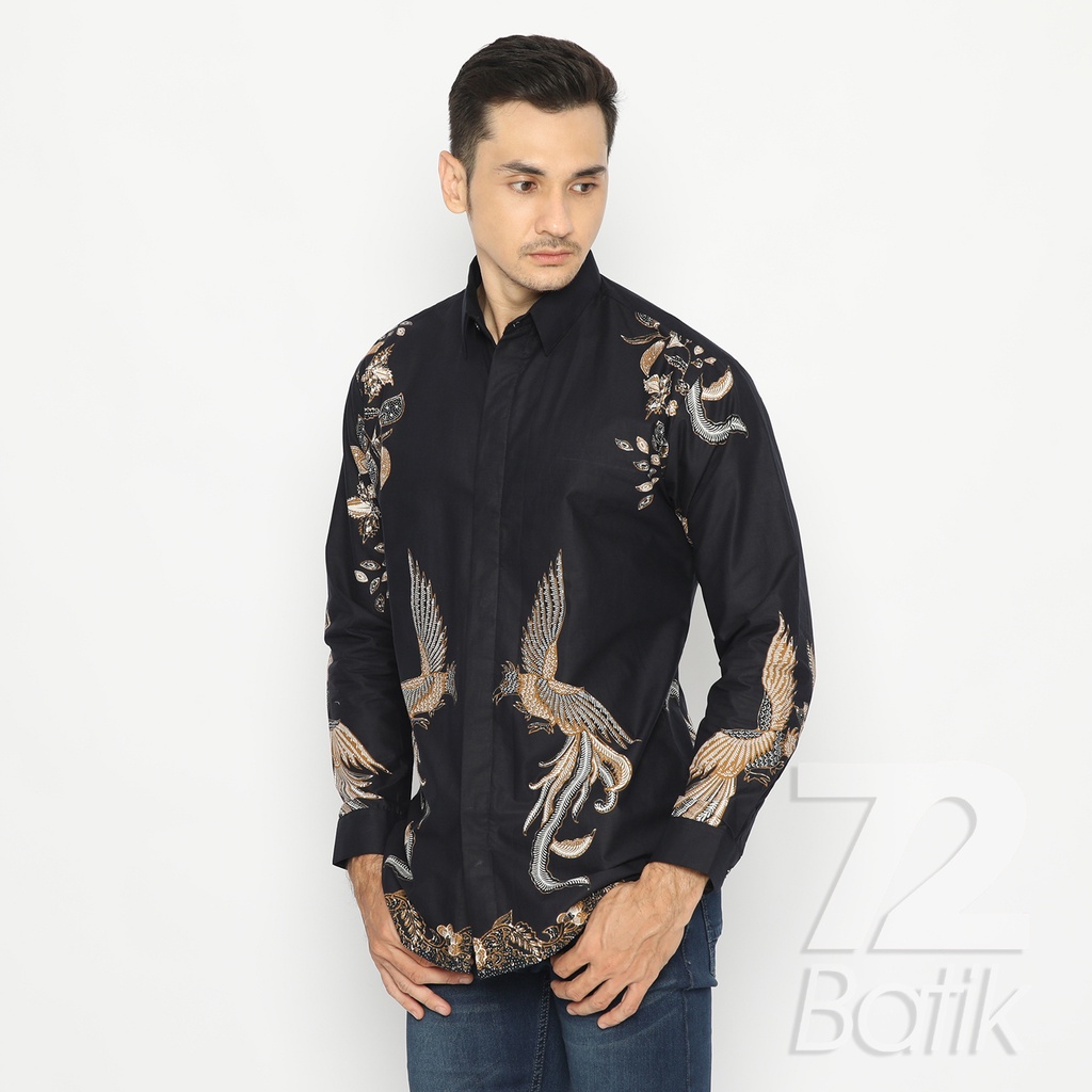 BATIK COUPLE MODERN Kemeja Rok Lilit Instan Batik Pria Lengan Panjang Premium Motif Burung Hitam 721084 CAP 72