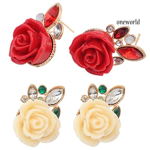 OW@ Women's Retro Elegant Rose Flower Rhinestone Inlaid Ear Studs Earrings Gift