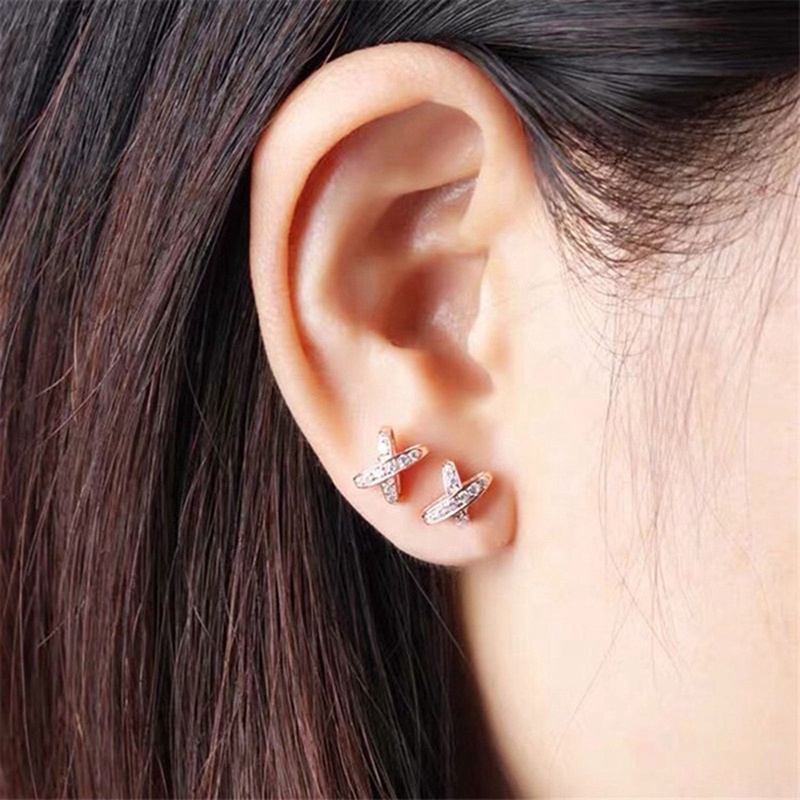 Anting Stud Bentuk X Silang Aksen Batu CZ Untuk Aksesoris Wanita