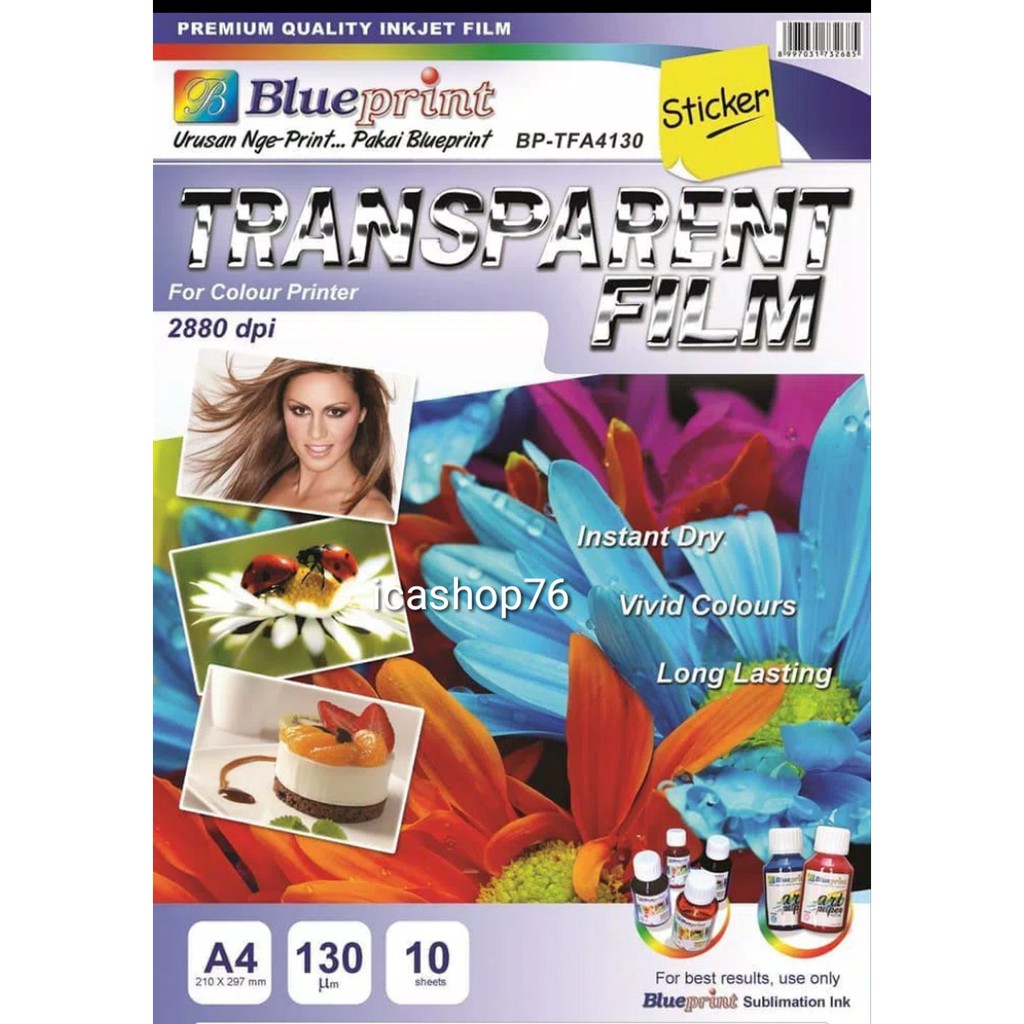 

Unik STIKER TRANSPARAN FILM PRINTABLE INKJET 130micron A4 10 lembar print