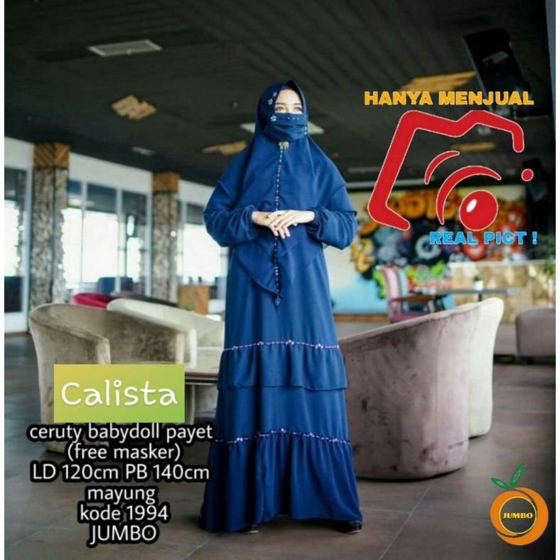 Gamis Syari Jumbo LD 120 SOCALISTA Biru Babydoll Ceruty REAL PICT Maxi Dress Pesta Polos Terbaru