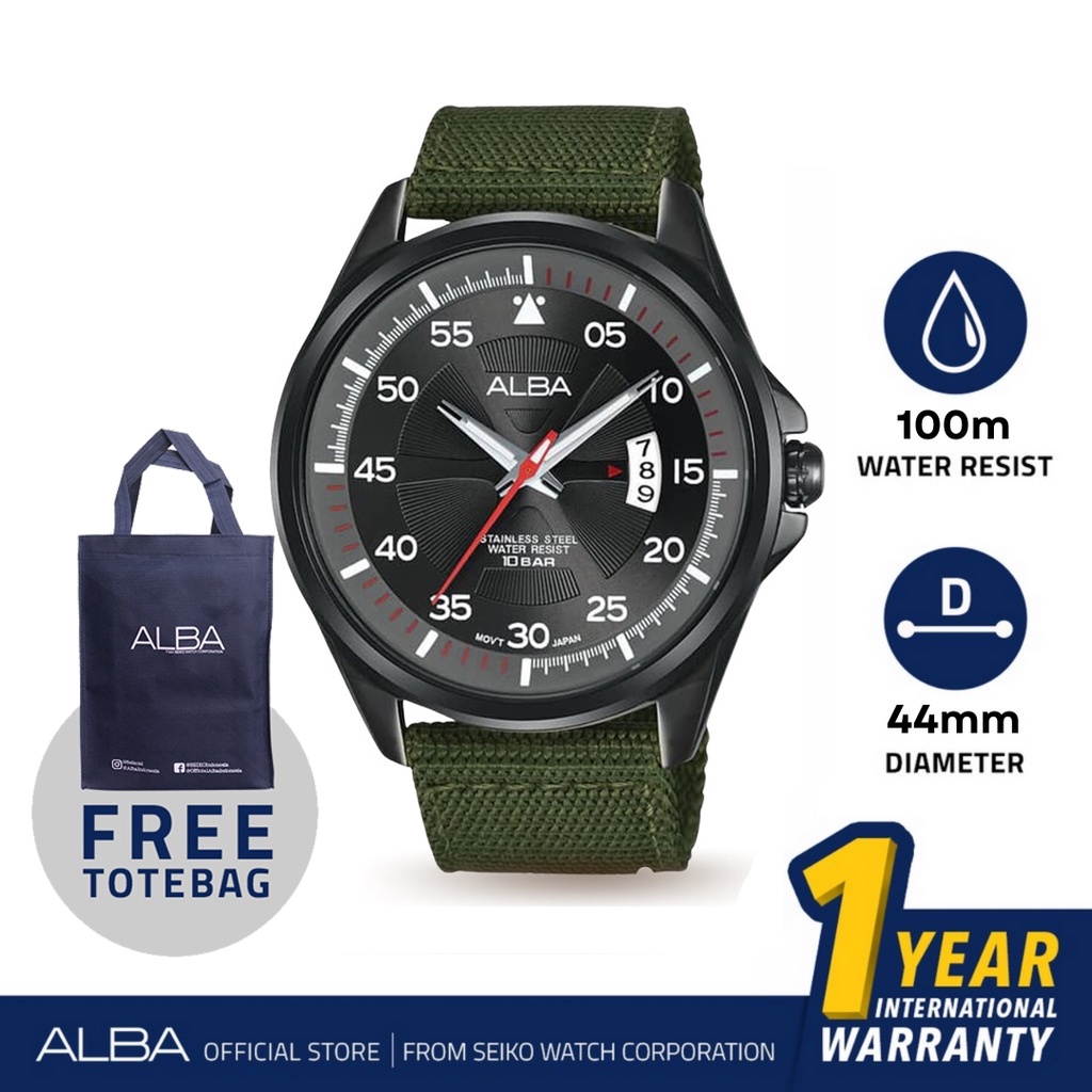 Alba Jam Tangan Pria Field AS9H15 / AS9H15X1 Quartz Dark Grey Dial Green Nylon Strap Watch
