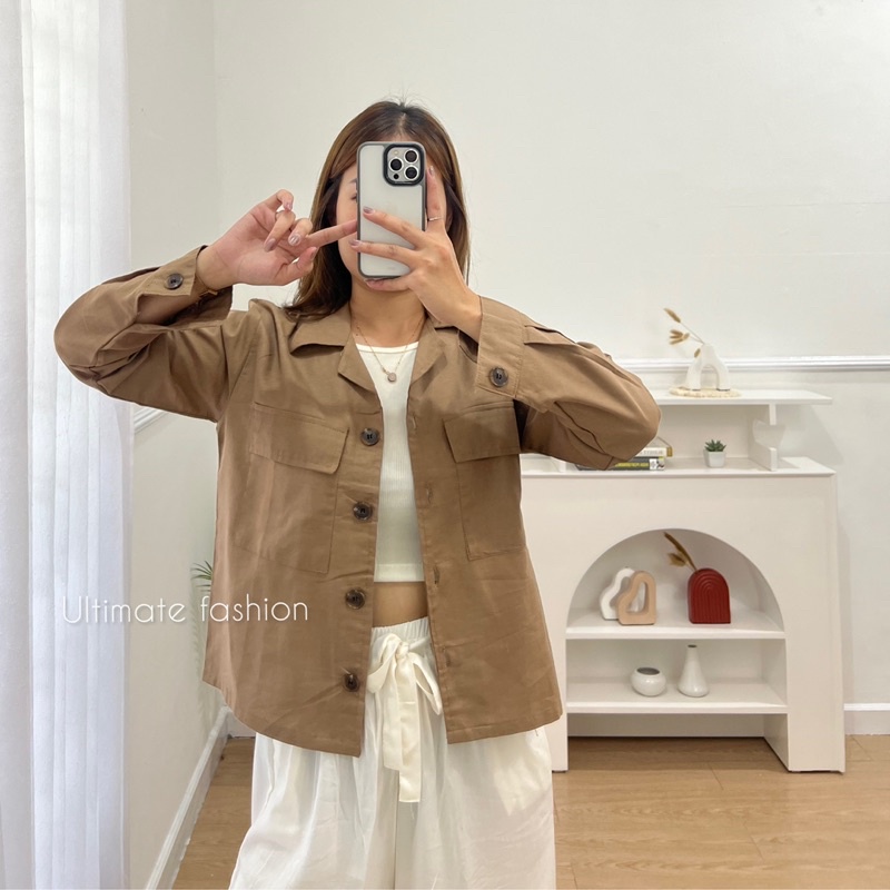 Kemeja Ghea Crop Top Linen Premium Pocket - Atasan Wanita - Kardigan - Outer 226