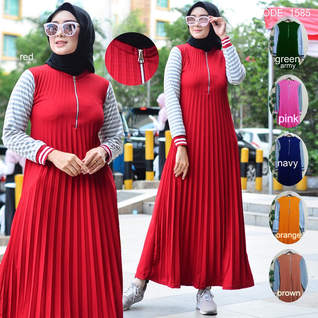 Bess - Gamis Plisket Combi Lengan Salur / Gamis Maxi Plisket CODE 1585