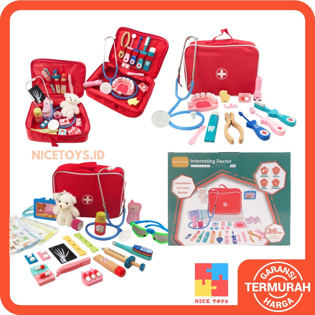 Lechang Interesting Wodden Doctor and Dentist Bag Set Dokter Dokteran Mainan Anak Lengkap Mainan Dokter Set Wooden Toys Mainan Kayu Mainan Dokter Gigi Anak