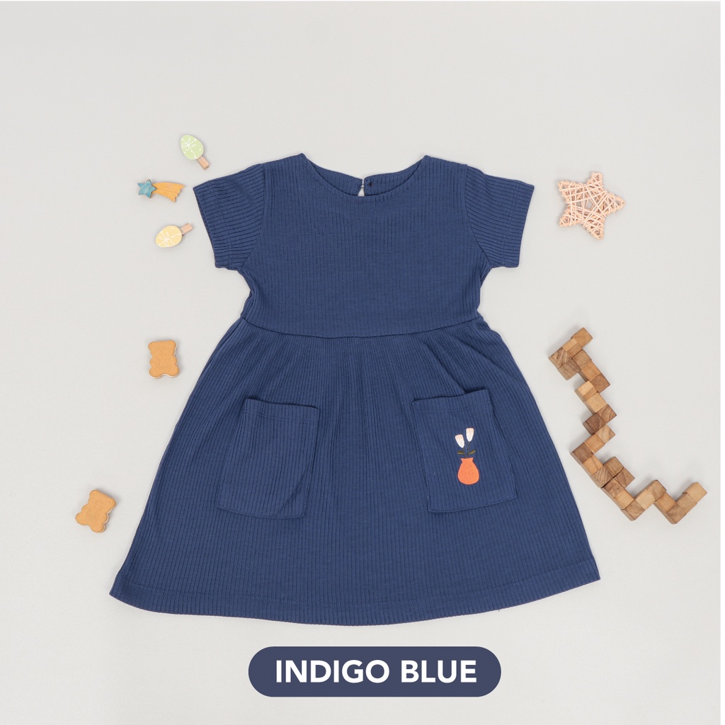 Mooi Dress Anak Perempuan Rib Pocket Dress-INDIGO BLUE