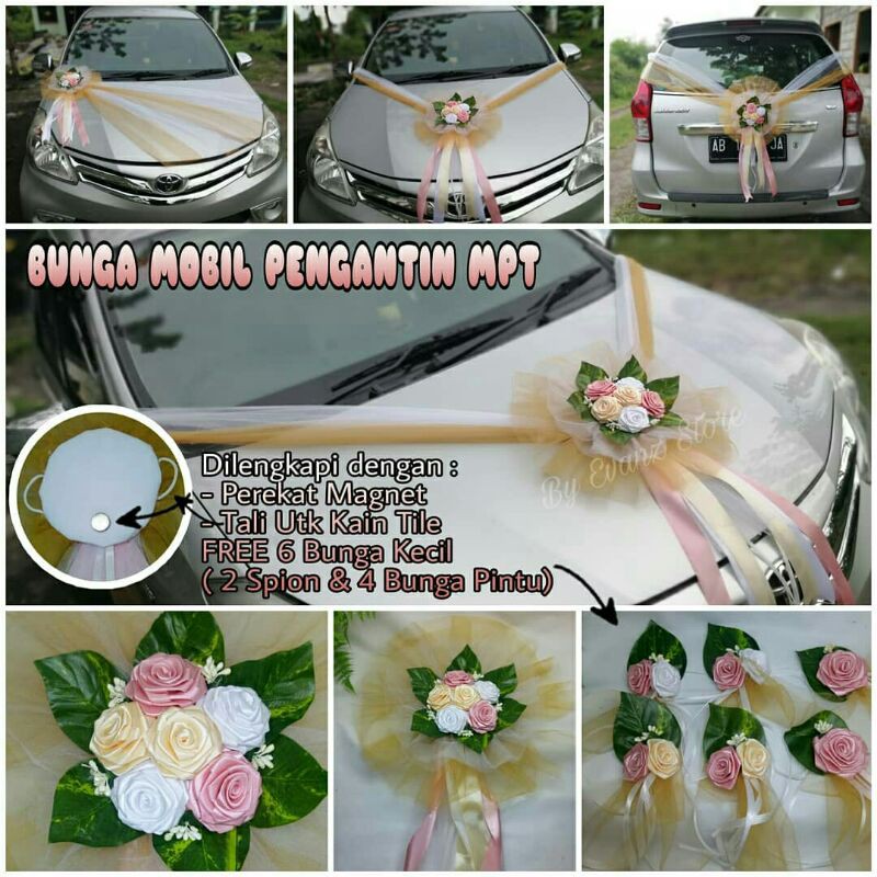 Decorasi BUNGA MOBIL PENGANTIN SATIN MPT 3WARNA MAGNET FREE 6 BUNGA KECIL (SPION&PINTU) - AKSESORIES