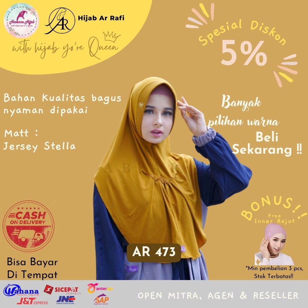 Arrafi Hijab Terbaru AR 473 Instan Polos Variasi Bunga Kain Dan Akrilik