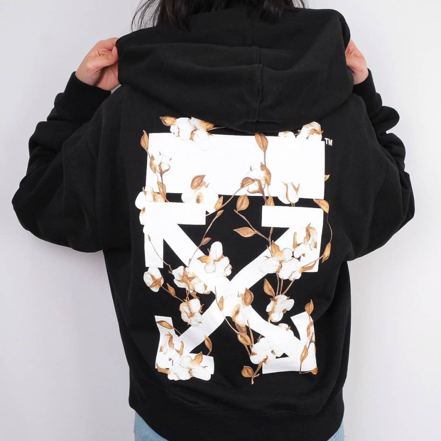 Off White Flower Crop Hoodie Black Women